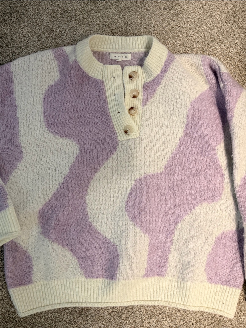 Anthropologie Cream and Lavender Wave-Pattern Henley Sweater